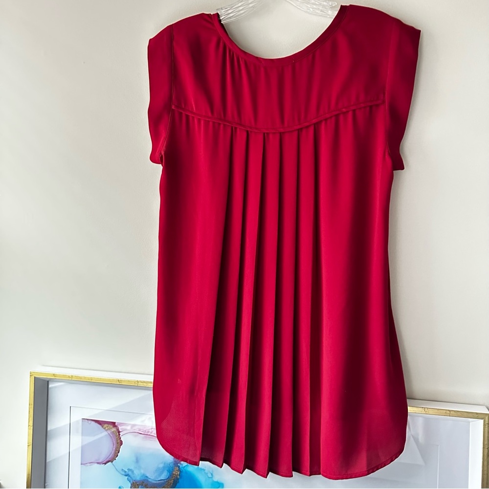 PLEIONE Top High Low flowy Short Sleeve Nordstrom Blouse Red Rucked Size SP - Picture 7 of 8